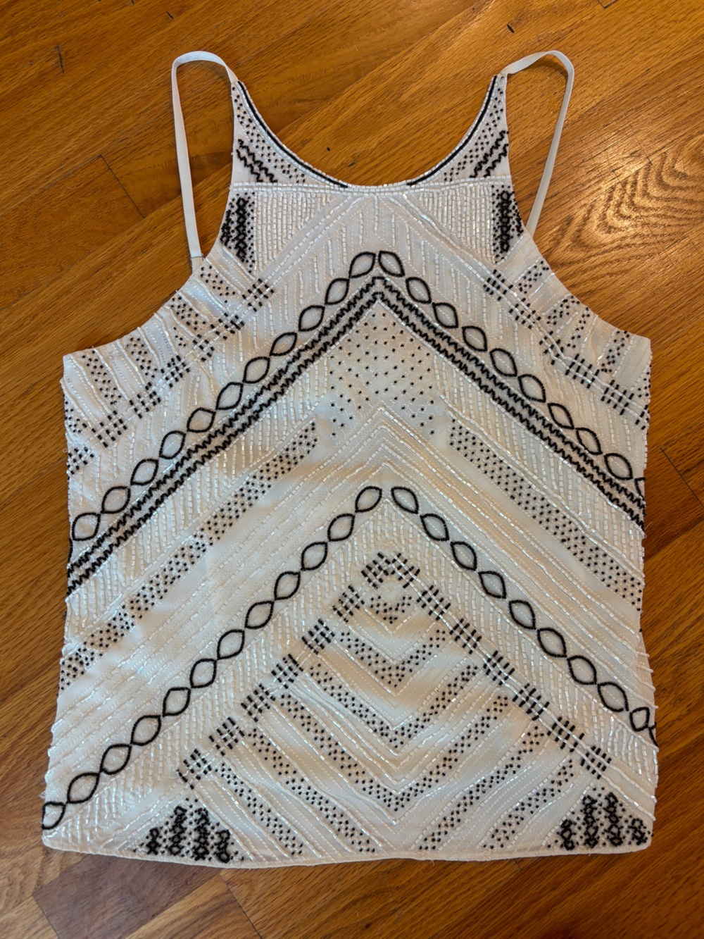 Parker Marcy Beaded Sequin White Tank with Black Beaded Geometric Detail Size S